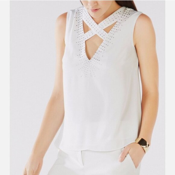 BCBGMaxAzria White Joline Studded Criss Cross Neck Blouse, Size XS - Picture 1 of 16